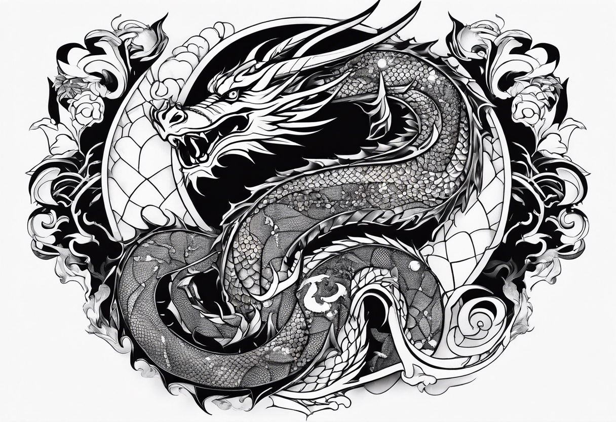 blackwork negative space dragon sleeve tattoo idea