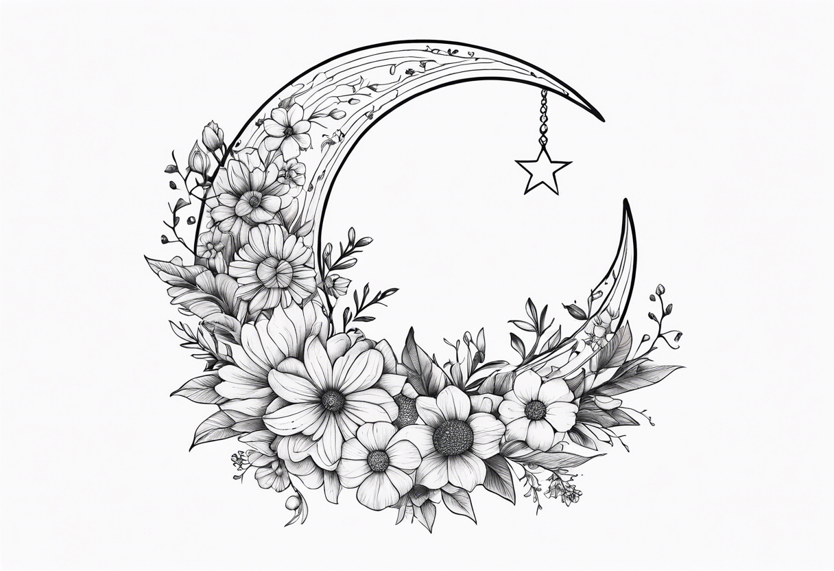 Crescent moon shrouded in pretty flowers tattoo idea