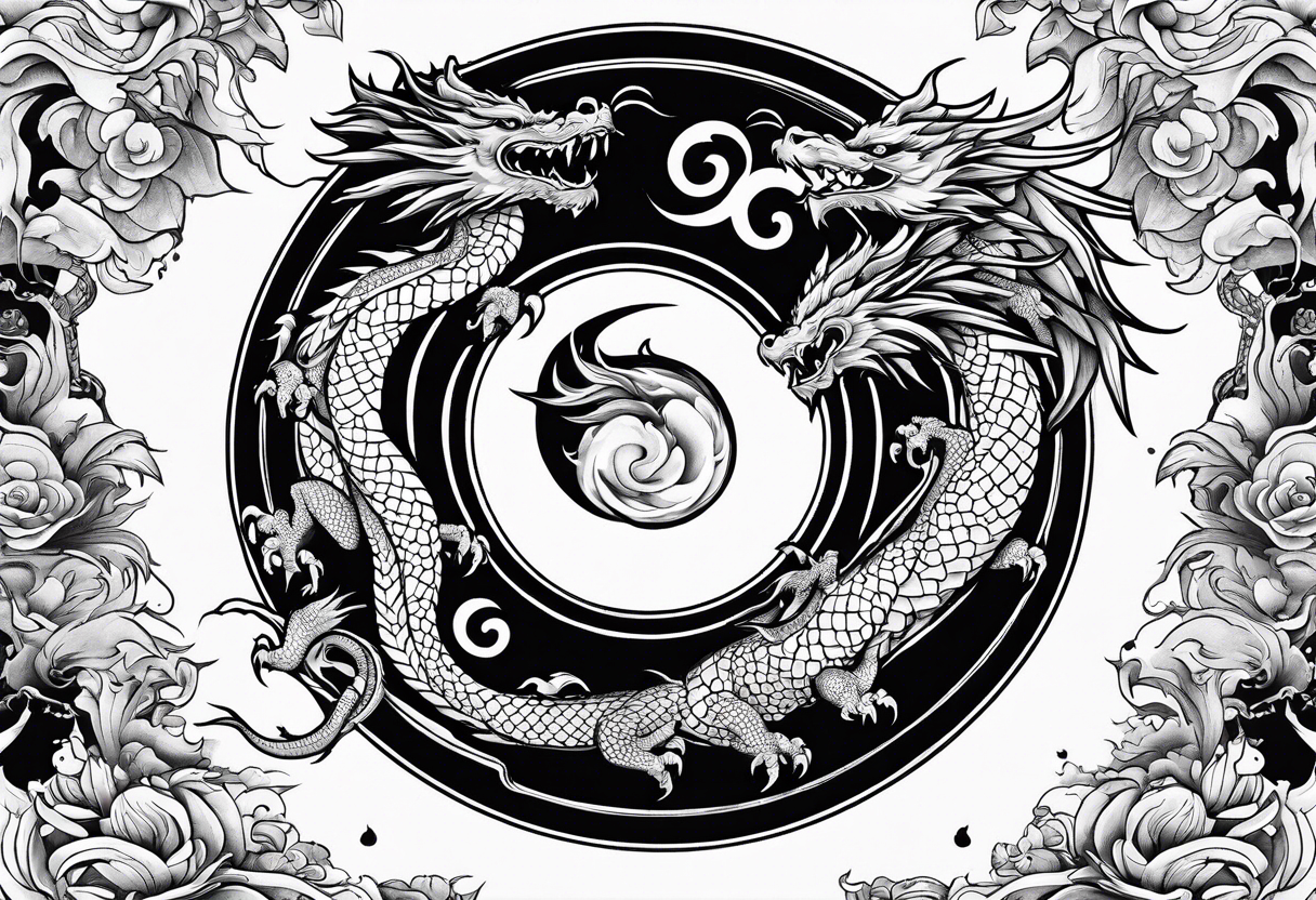 Dragon and phoenix fighting on a yin yang plate tattoo idea