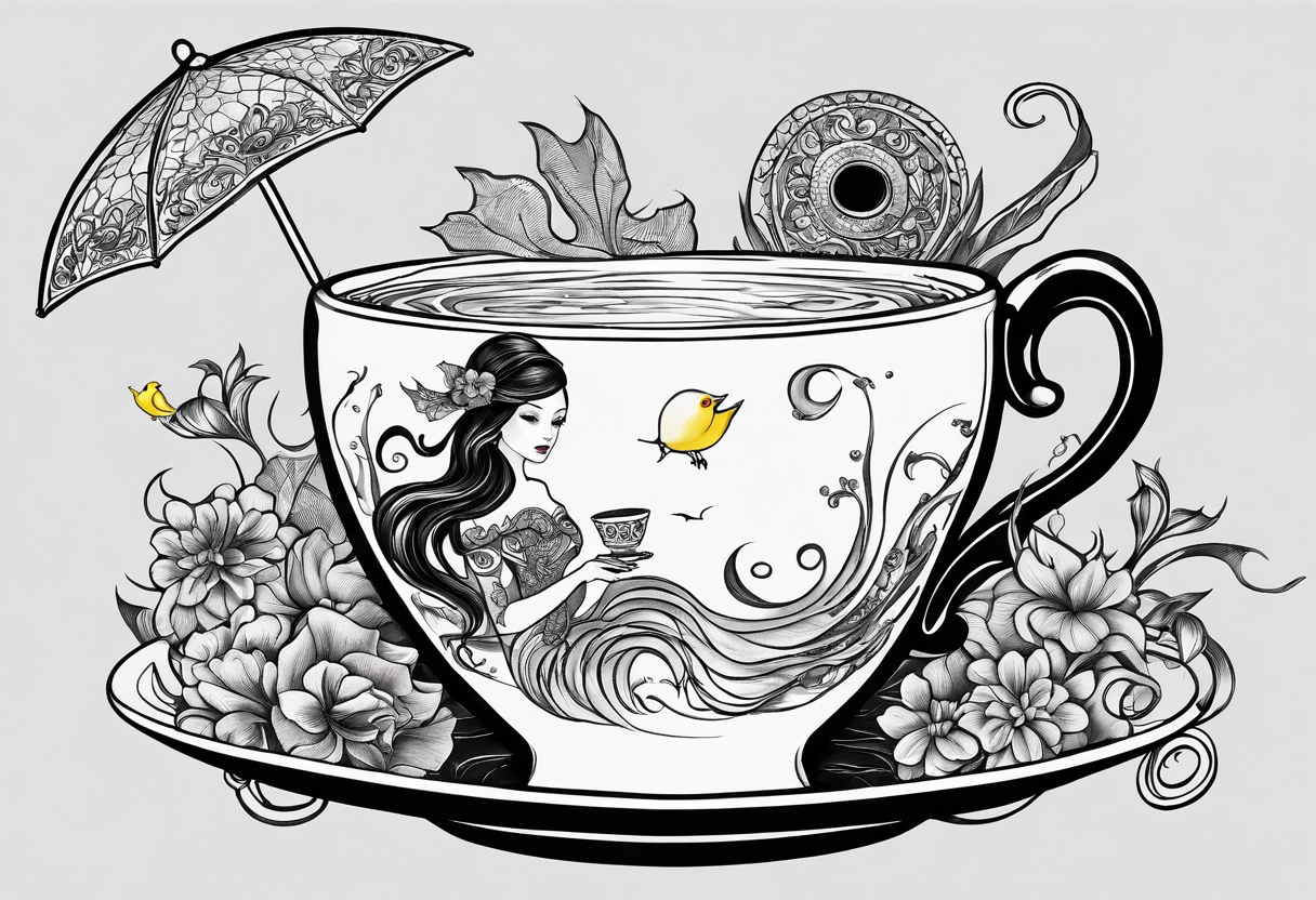 A beautiful sea siren with tentacles that incorporates a teacup, an umbrella, a yellow bird, and a gingerbread boy tattoo idea