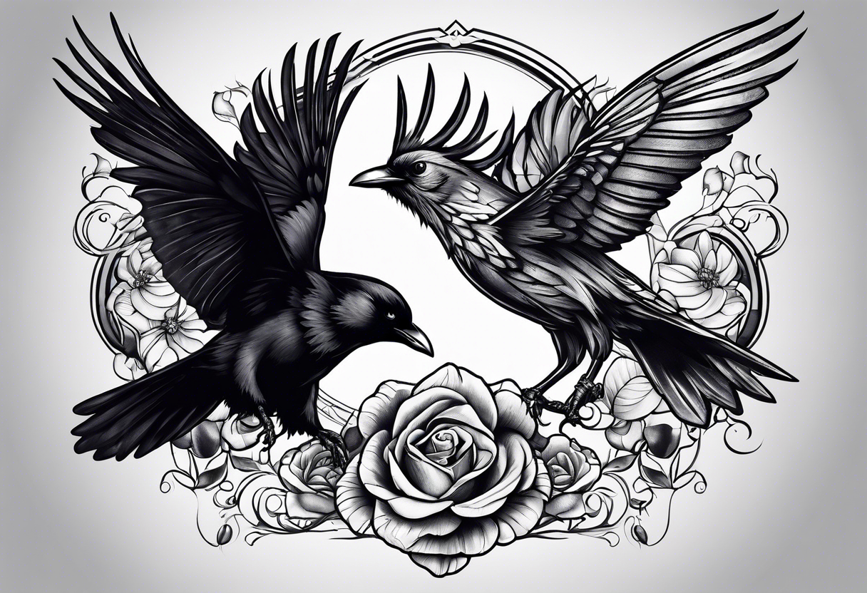 a butterfly and a raven fly together tattoo idea