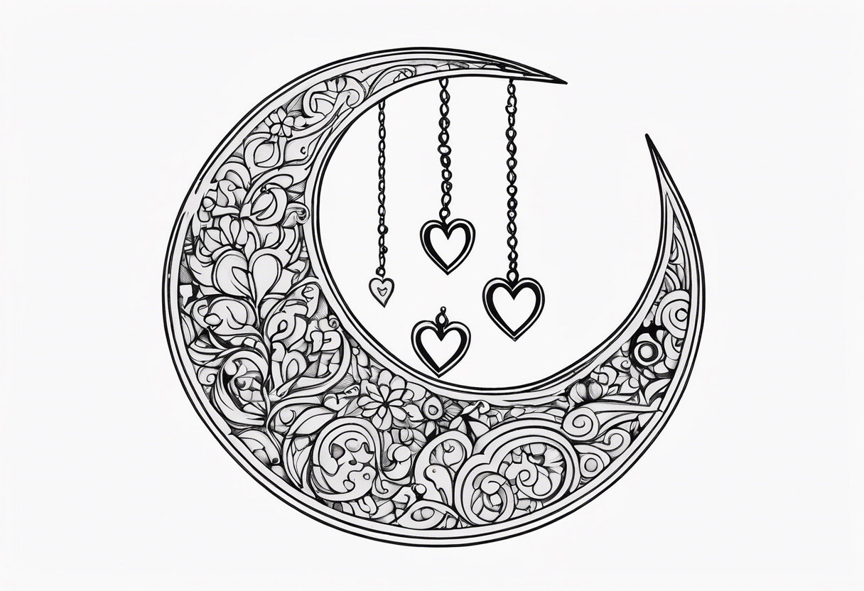 Crescent moon with hearts dangling from the bottom of it tattoo idea