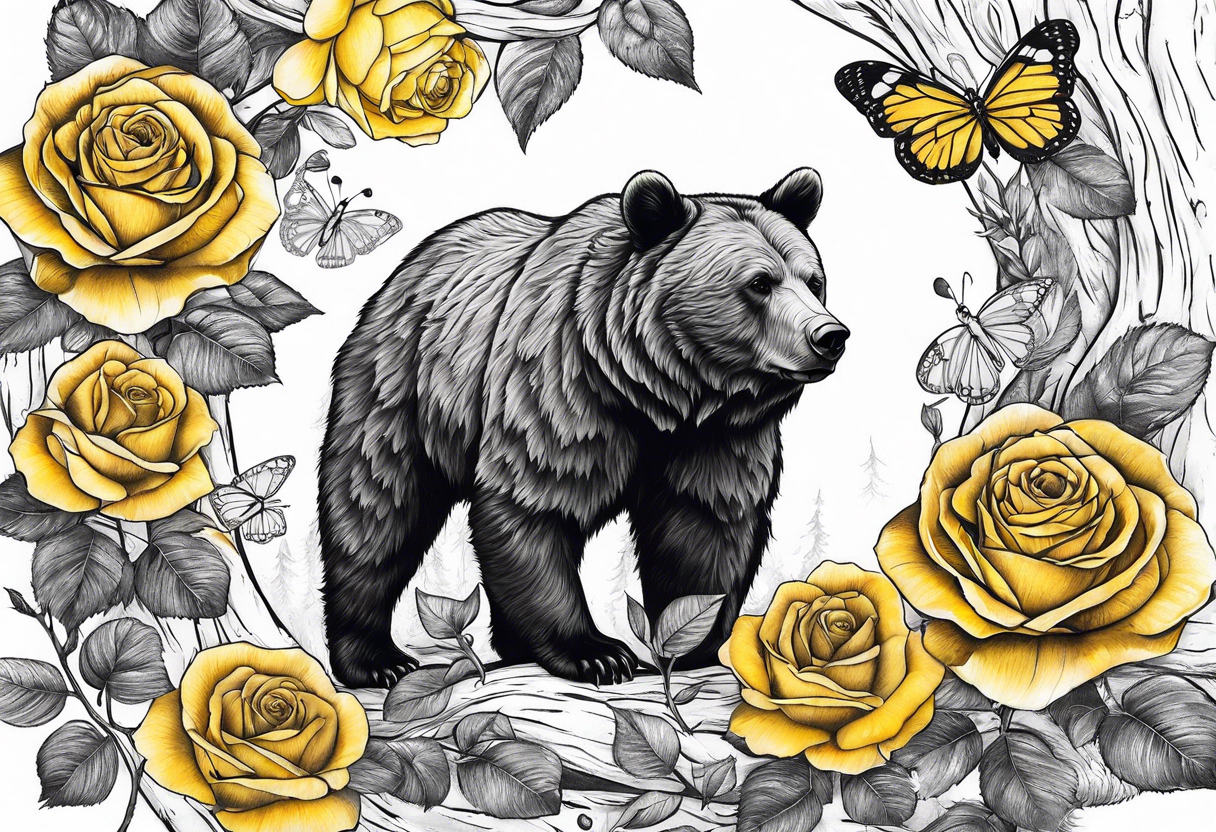 Bear under the tree of life with yellow roses and three butterflies for an upper arm tattoo. tattoo idea