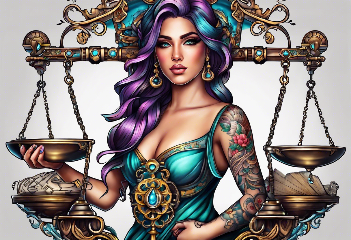 Intricate libra scales held by a beautiful woman tattoo idea