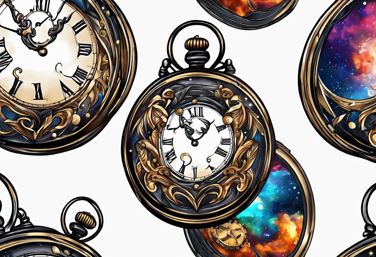 broken pocket watch galaxy shattered tattoo idea