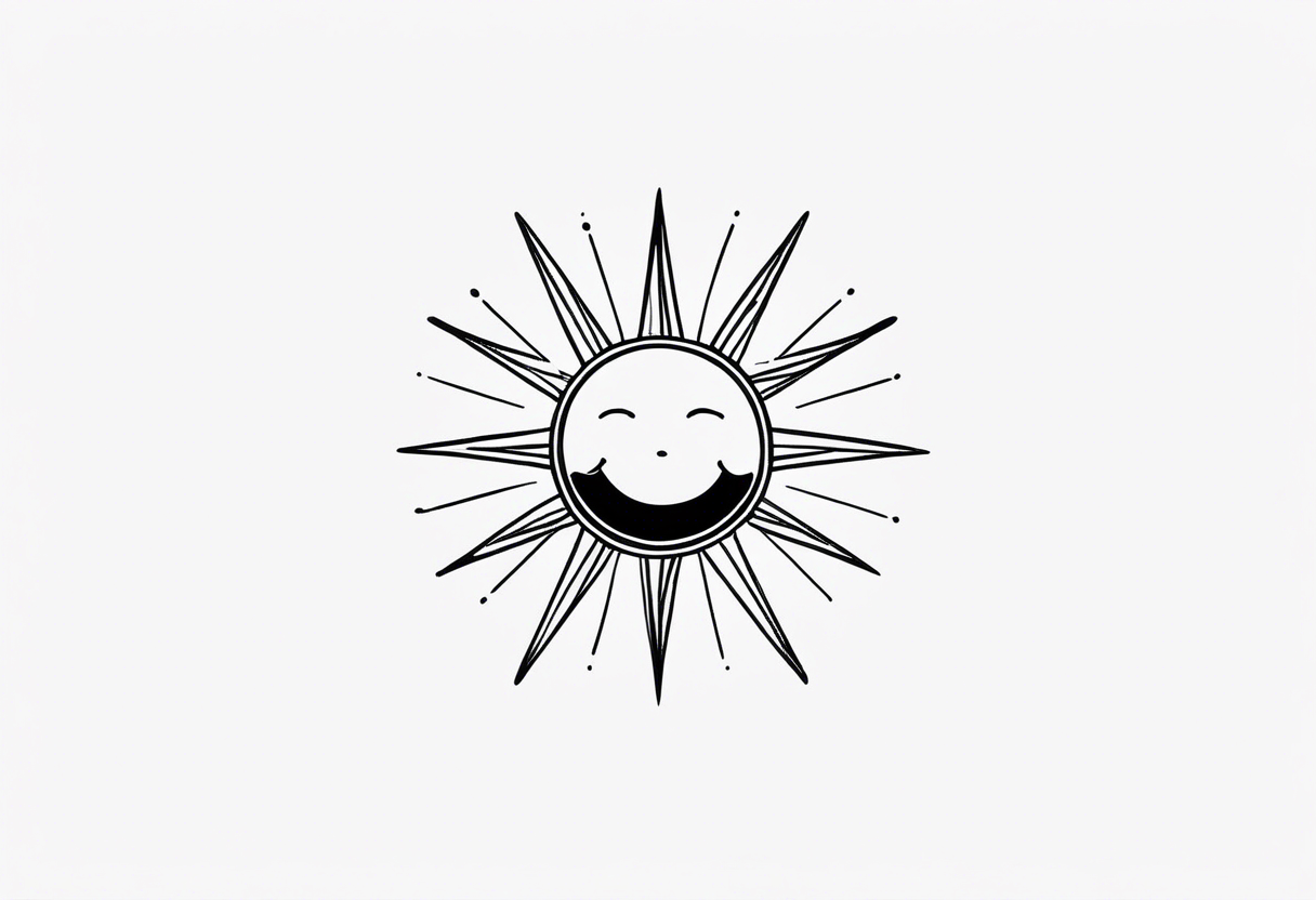 black tiny simple sun. a circle with simple strings. tiny smiley in the sun. thin lines. tattoo idea