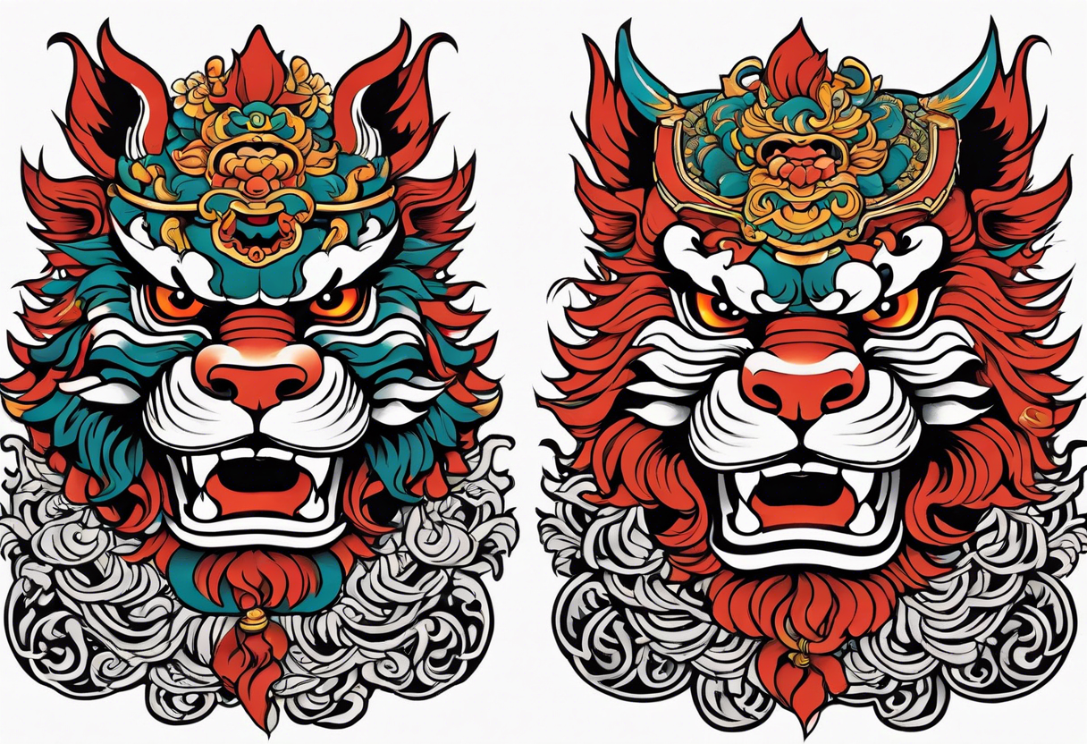 Pair of Okinawa shisa on chest. 1980s Yakuza style. Simple tattoo idea