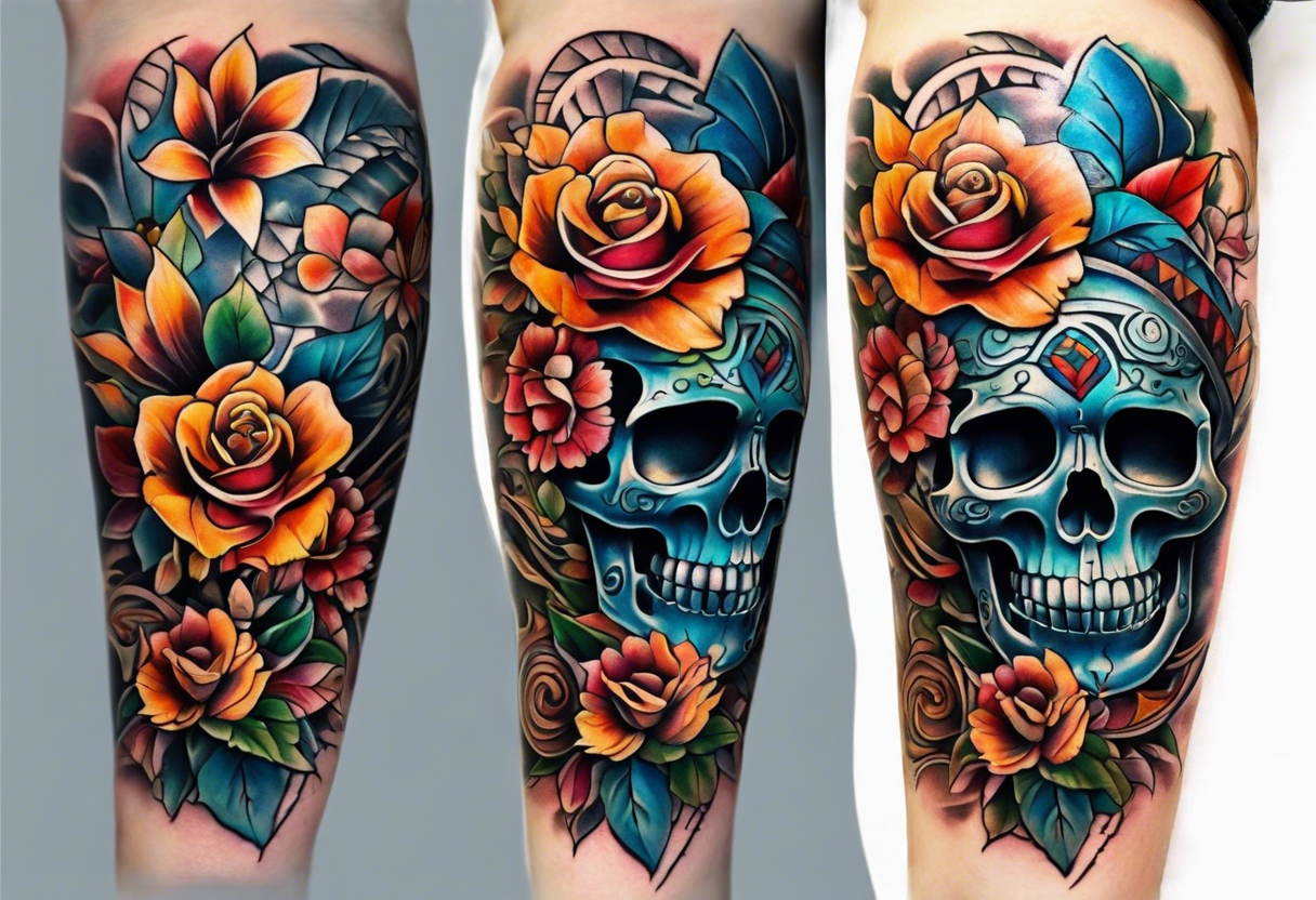 Front knee tattoo with fall colors, small flowers, rose, mayan style skull, leaves, blue water flows with washes and background tattoo idea