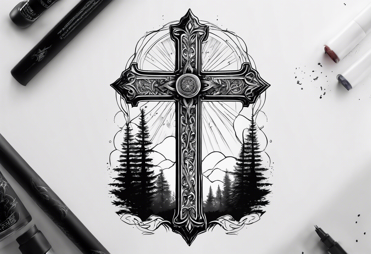 A cross at the end of the forest tattoo idea