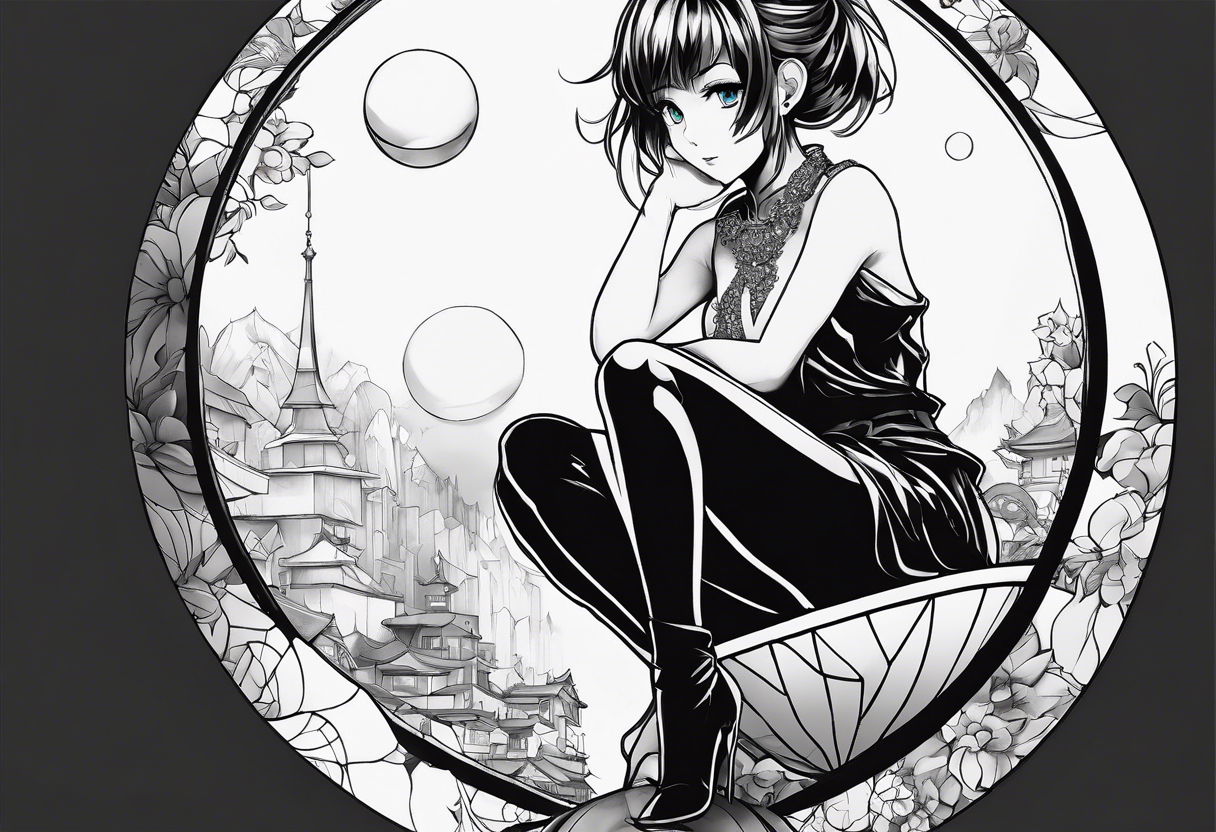 an anime girl sitting on a small sphere, staring front tattoo idea