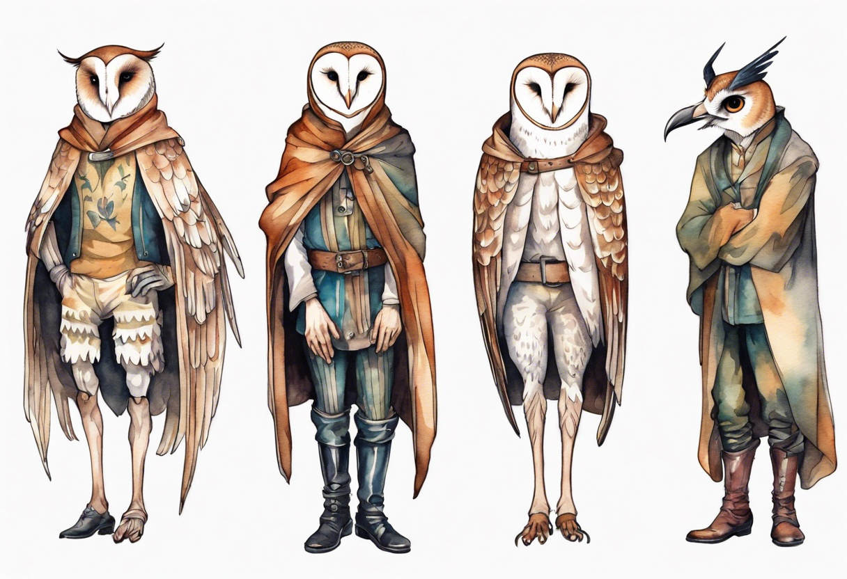 a thin man with long legs and the head of a barn owl wearing medieval pants and boots tattoo idea