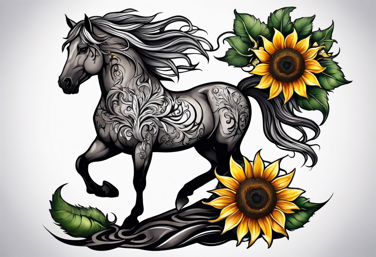 Yggdrasil tree, horse, sunflower tattoo idea