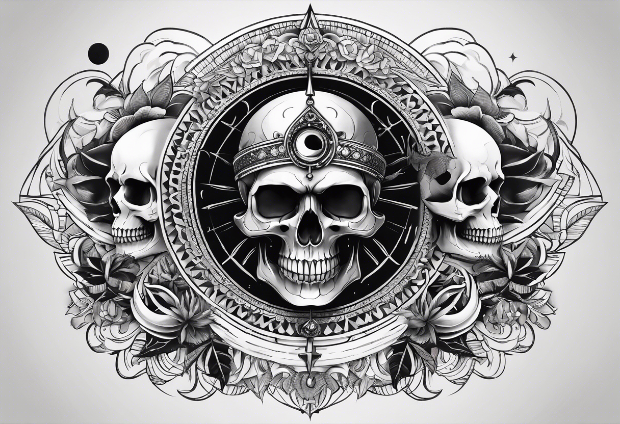 Simple Skull with third eye and dagger through it with the phases of the moon at the bottom endless spiral tattoo idea