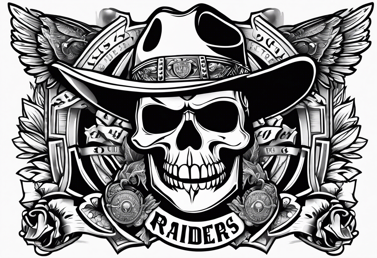 Raiders emblem with gangster drawings inside around words tattoo idea