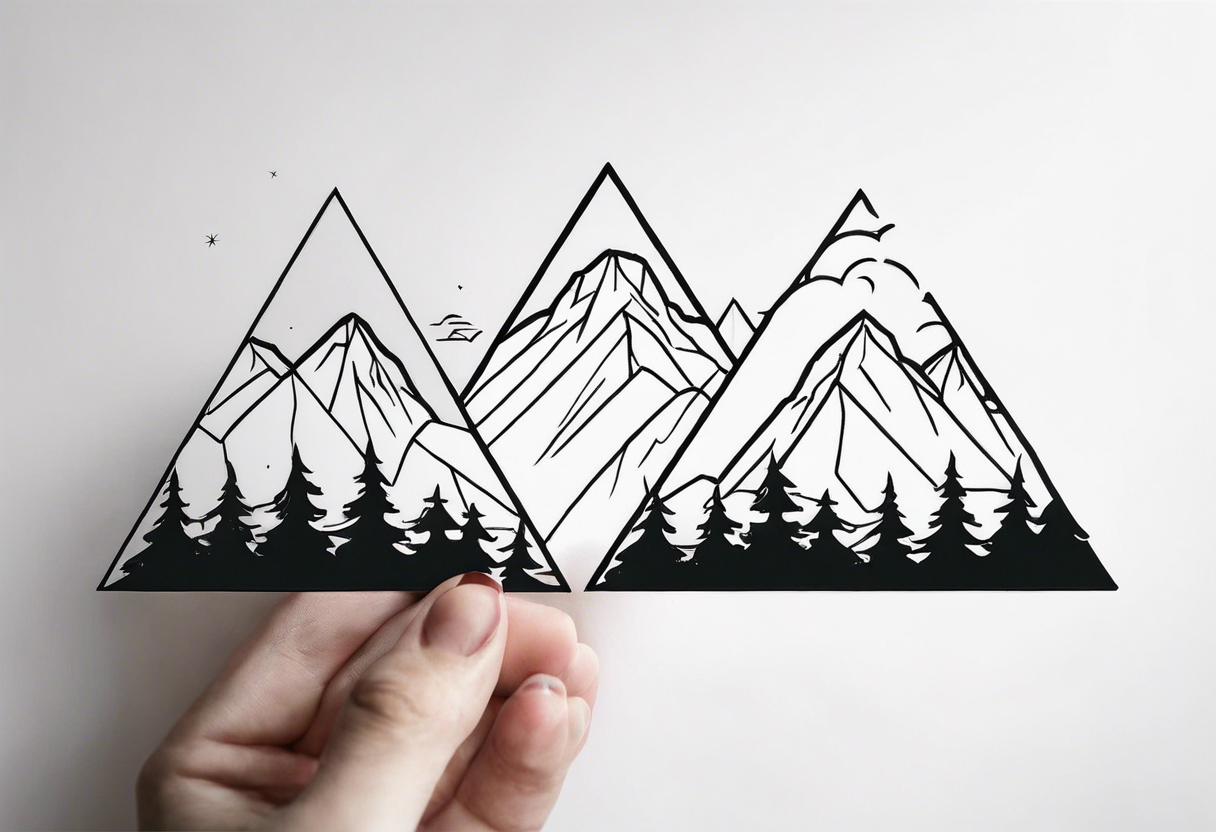 Black line tattoo with three different sizes triangles forming a mountain range with three trees tattoo idea