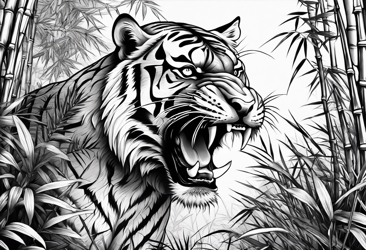 Snarling Tiger in bamboo forest tattoo idea