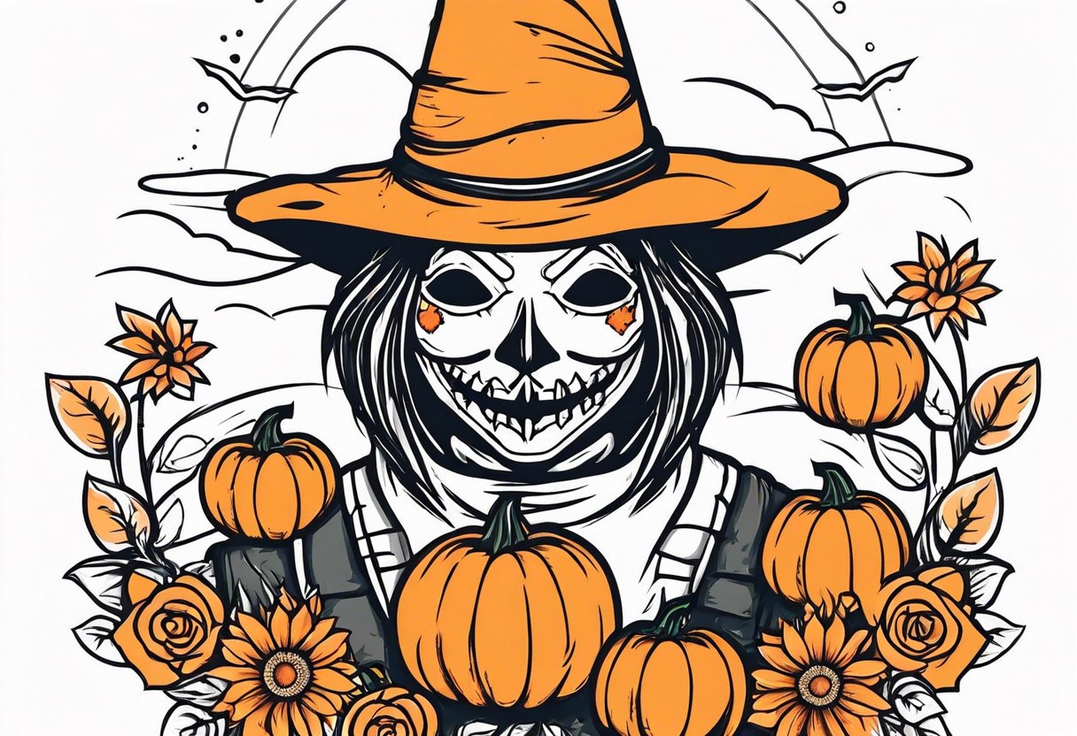 friendly scarecrow with pumpkins and flowers tattoo idea