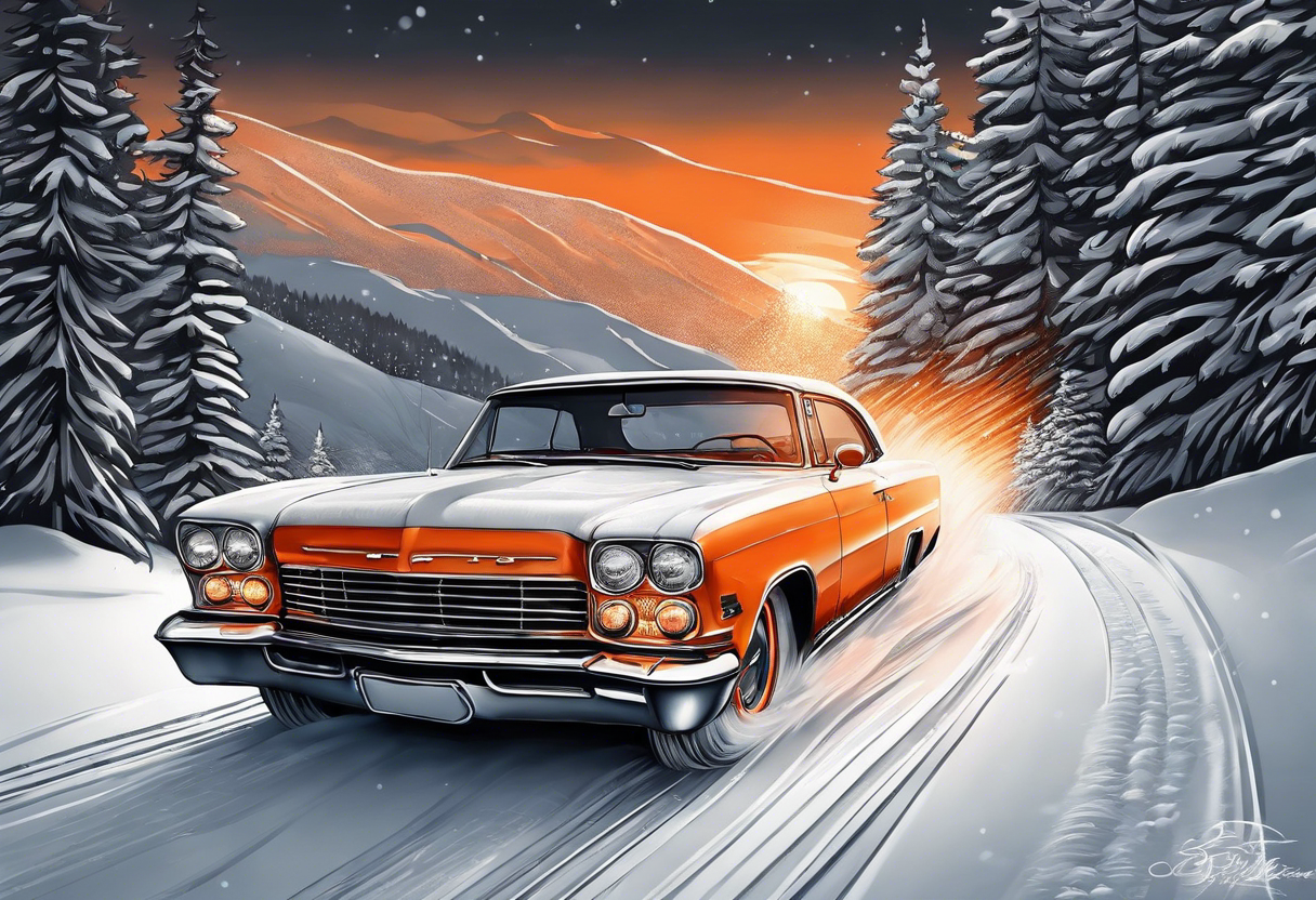 Peter bill driving through the snow with orange light striking behind it tattoo idea