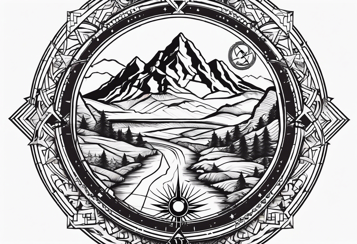 directional Compass rose, mountains and VW Komi campervan tattoo idea