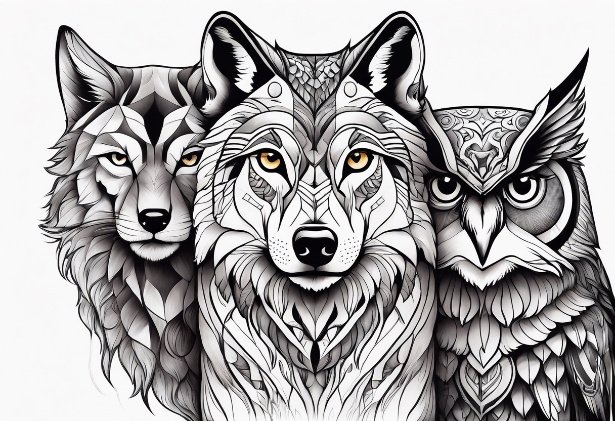 A composition with a Wolf, a lioness and an owl in very simple style and a beautiful colored background. tattoo idea