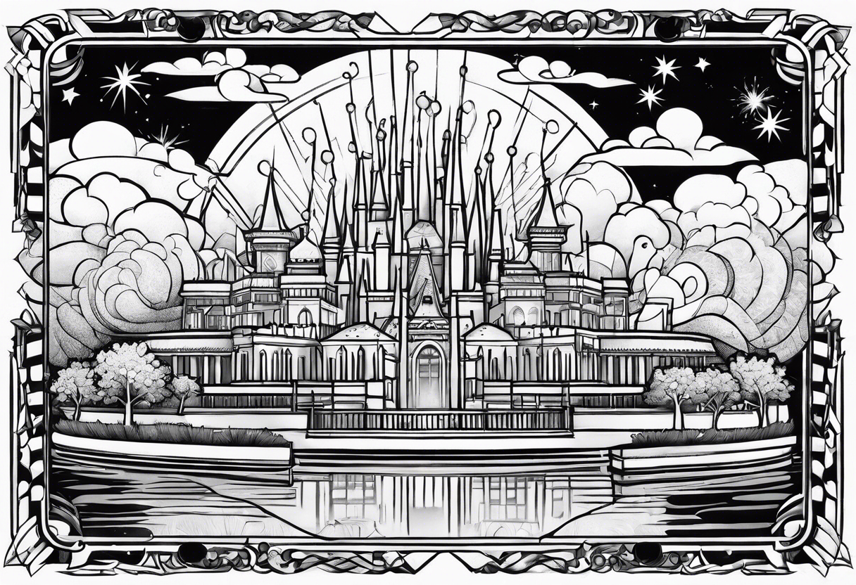 Epcot world showcase with fireworks in a rectangle shape tattoo idea