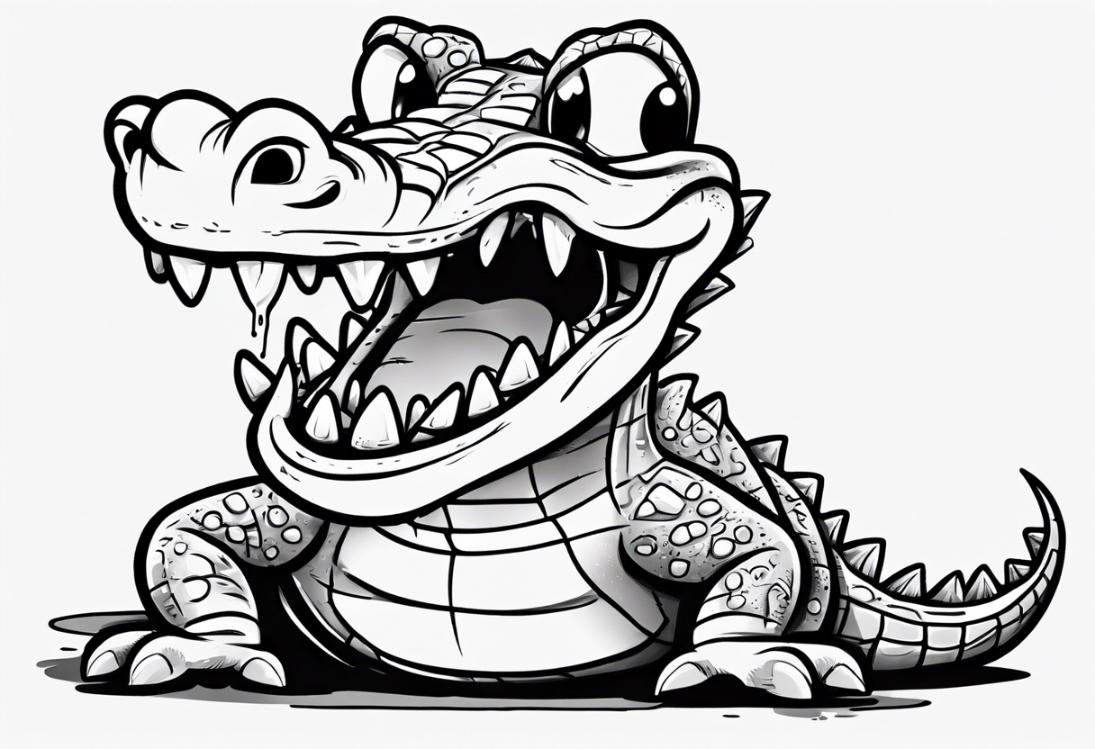 drunk crying cute cartoon crocodile full body tattoo idea