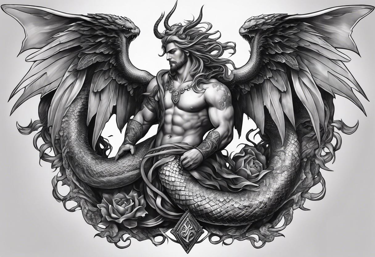 Full back piece depicting the biblically accurate angels above killing a demonic snake dragon below tattoo idea