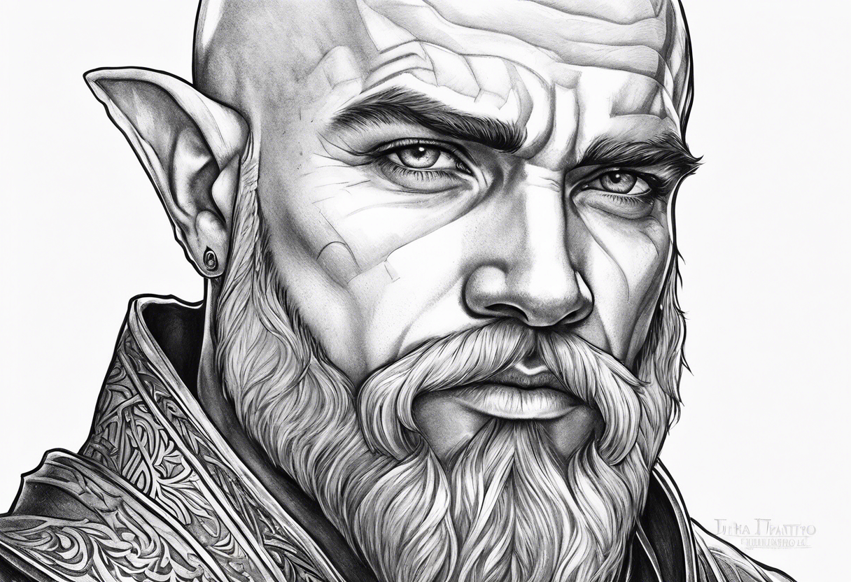 human-elf, bearded bald male, paladin, from a distance tattoo idea