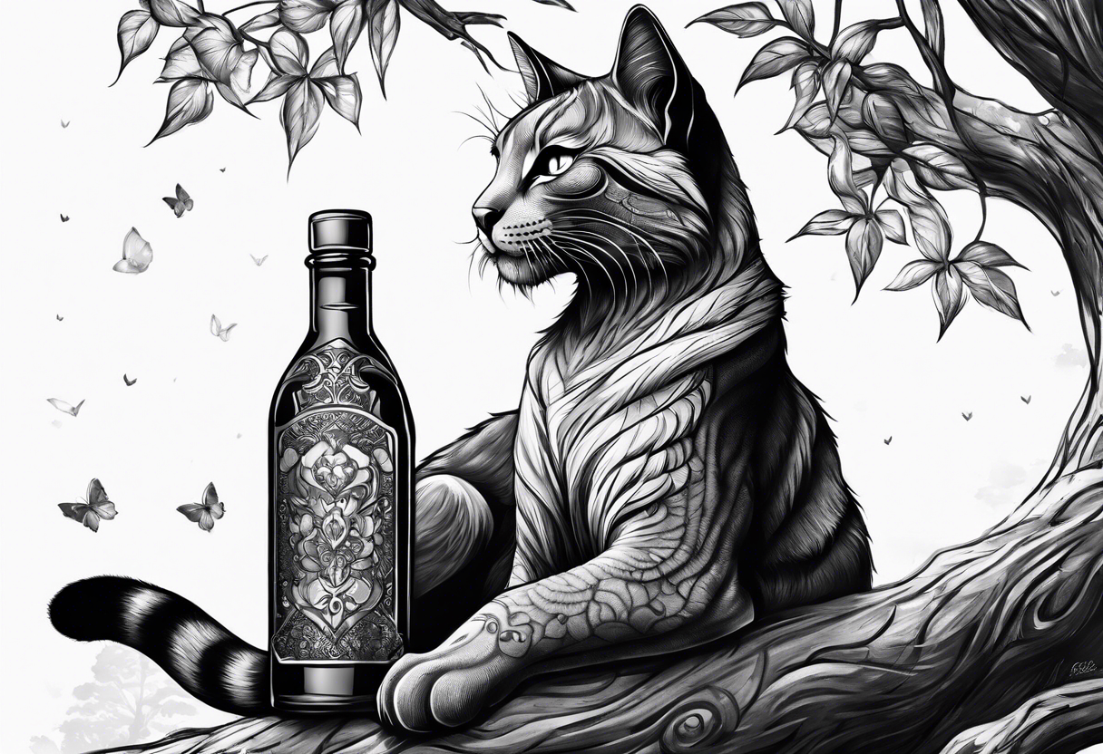 Khajiit sitting under a tree with an empty skooma bottle tattoo idea