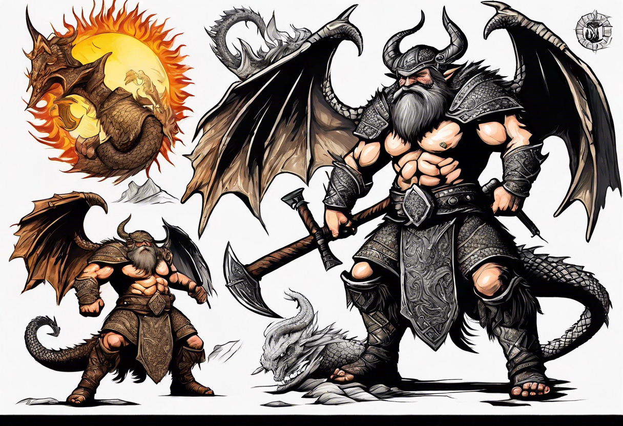 dwarven warrior with a war axe fighting against a dragon in the mountains as the sun is rising tattoo idea