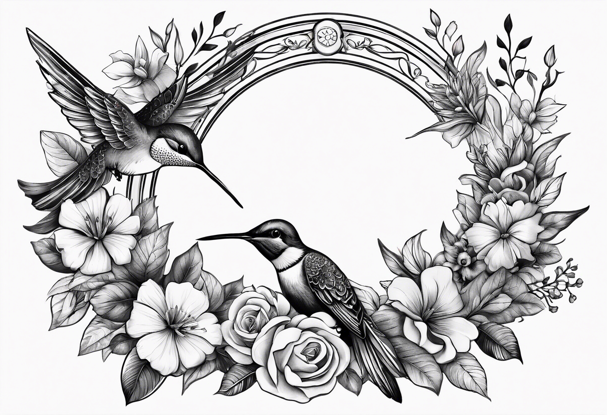 floral wreath with humming birds in the middle tattoo idea