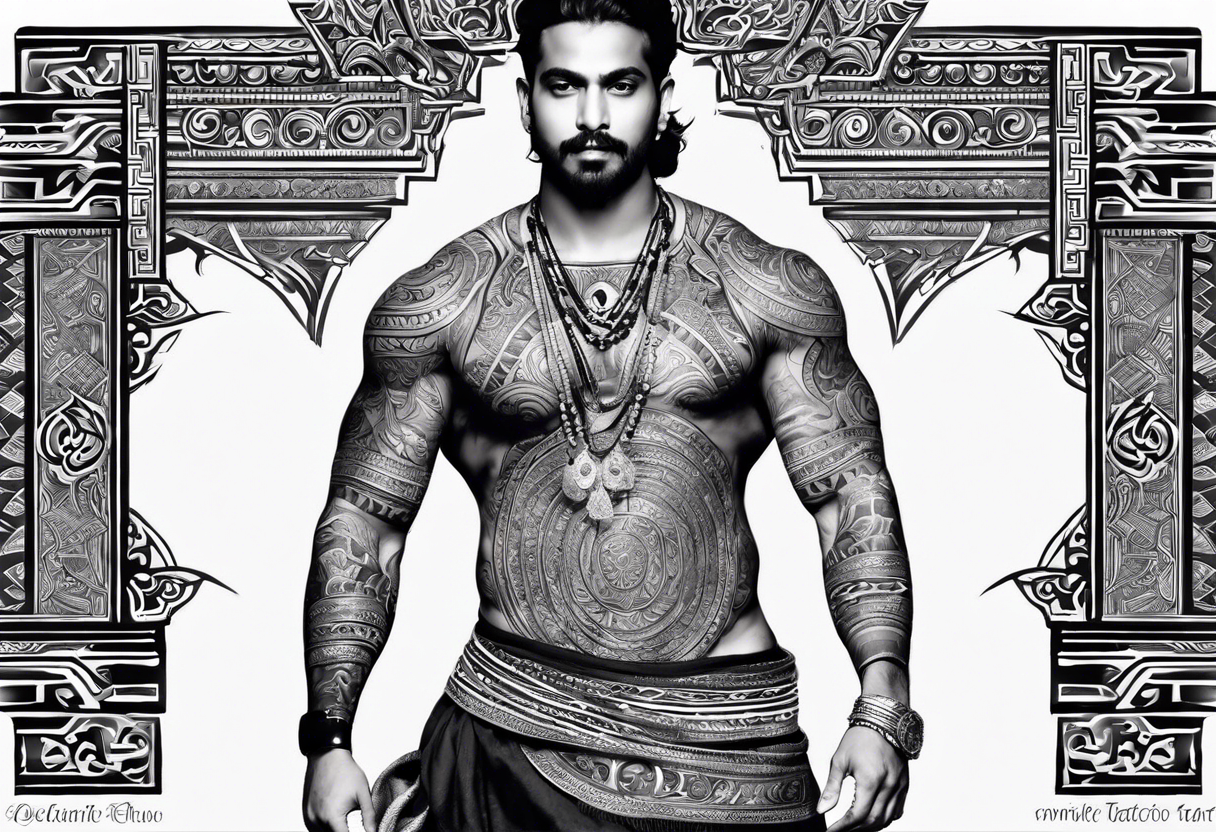 right chest and right shoulder tattoo combined with a tribal design with tamil ancient hindu element.  for a man, no pictures of god or faces. tattoo idea