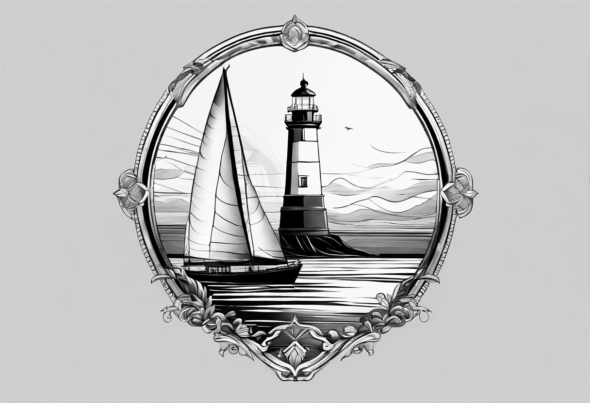 maritime lighthouse partially hidden by its large fixed sail. calm sea reflection. tattoo idea