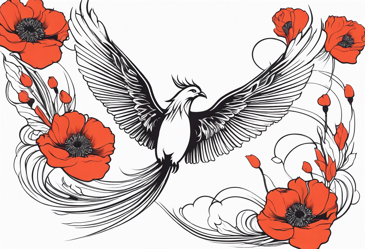 outline of phoenix in flight 
in profile long tail with claws holding poppies falling tattoo idea