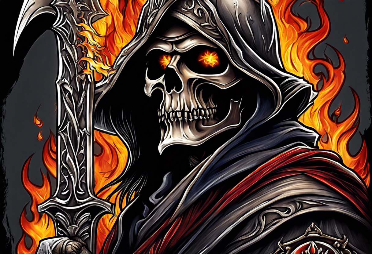 Flames grim reaper firefighter tattoo idea