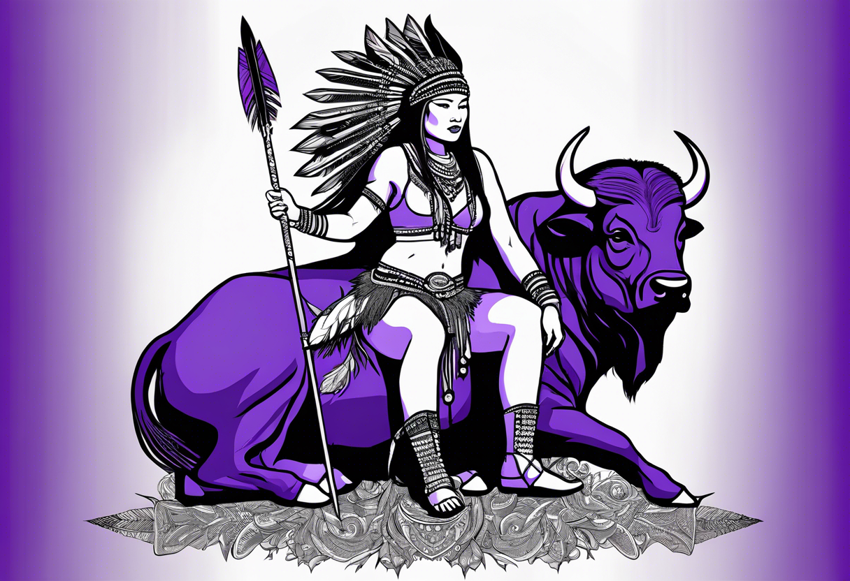 native woman female warrior with arrows on her back wearing bead headband sitting on a purple buffalo, show the buffalo standing still, see whole buffalo she is sitting on tattoo idea