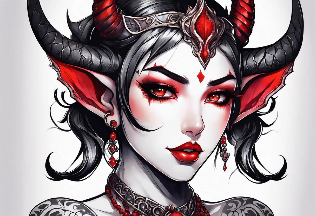 anime style succubus with red horns in a portrait tattoo idea