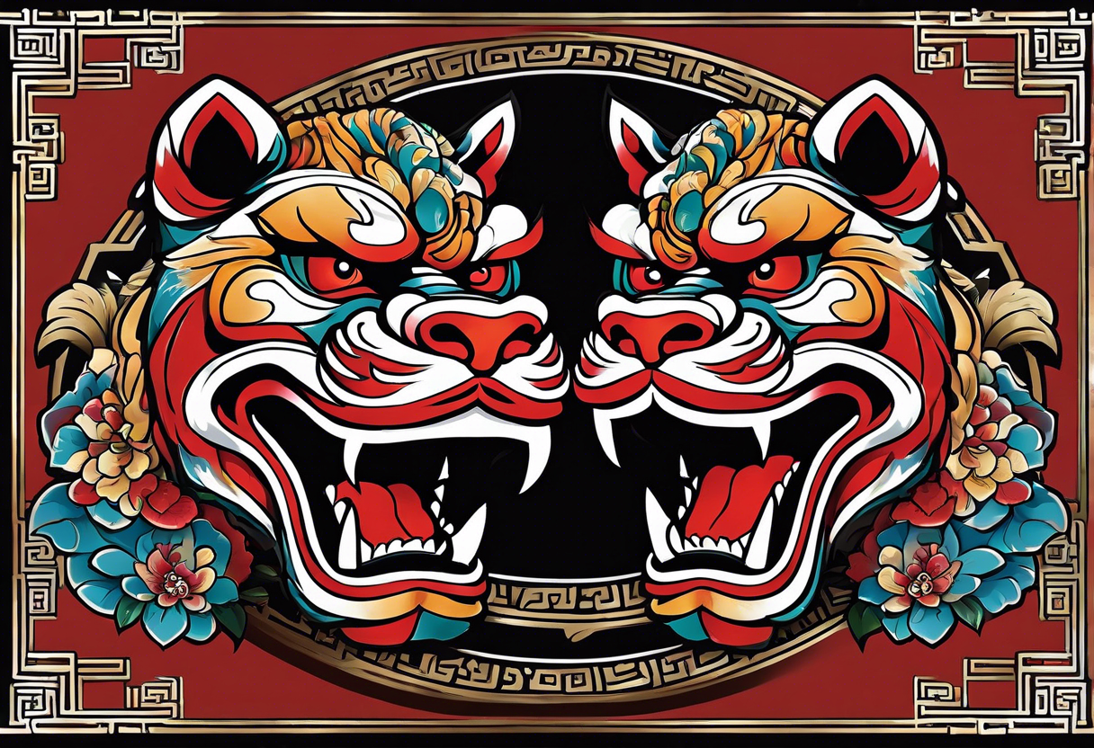 Okinawa-style pair of shisa dogs, one has an open mouth, one has a closed mouth, chest/pecs, Yakuza style, simple tattoo idea