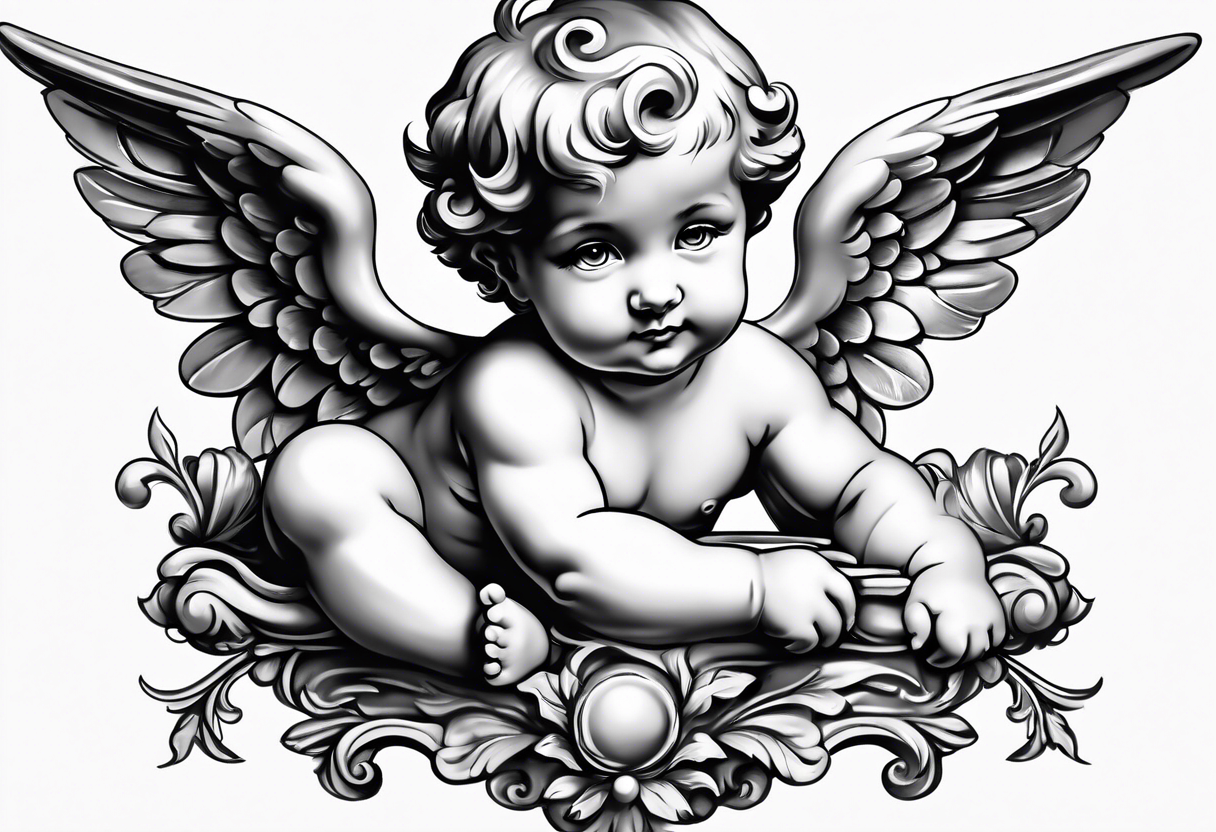 one putti with wings smiling vertical tattoo idea