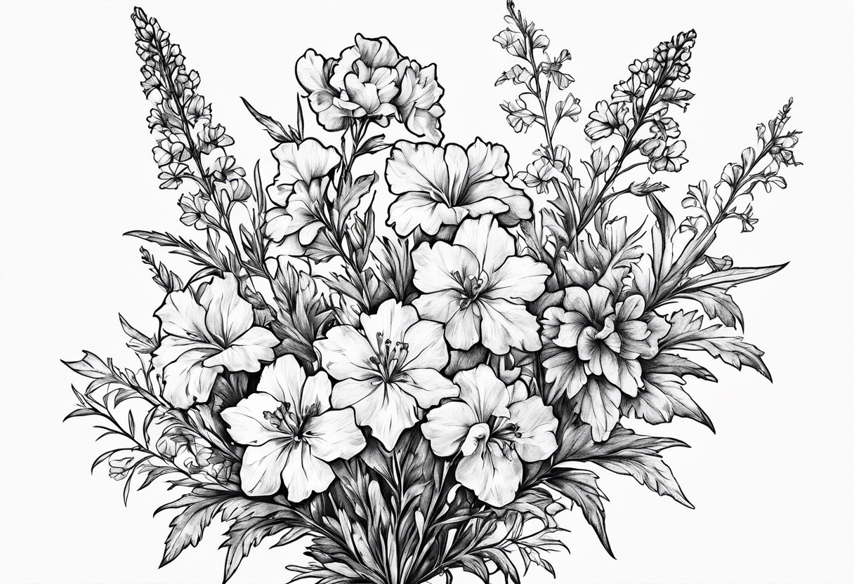 Small, simple sketched bouquet of larkspur, with one stemmed carnation tattoo idea