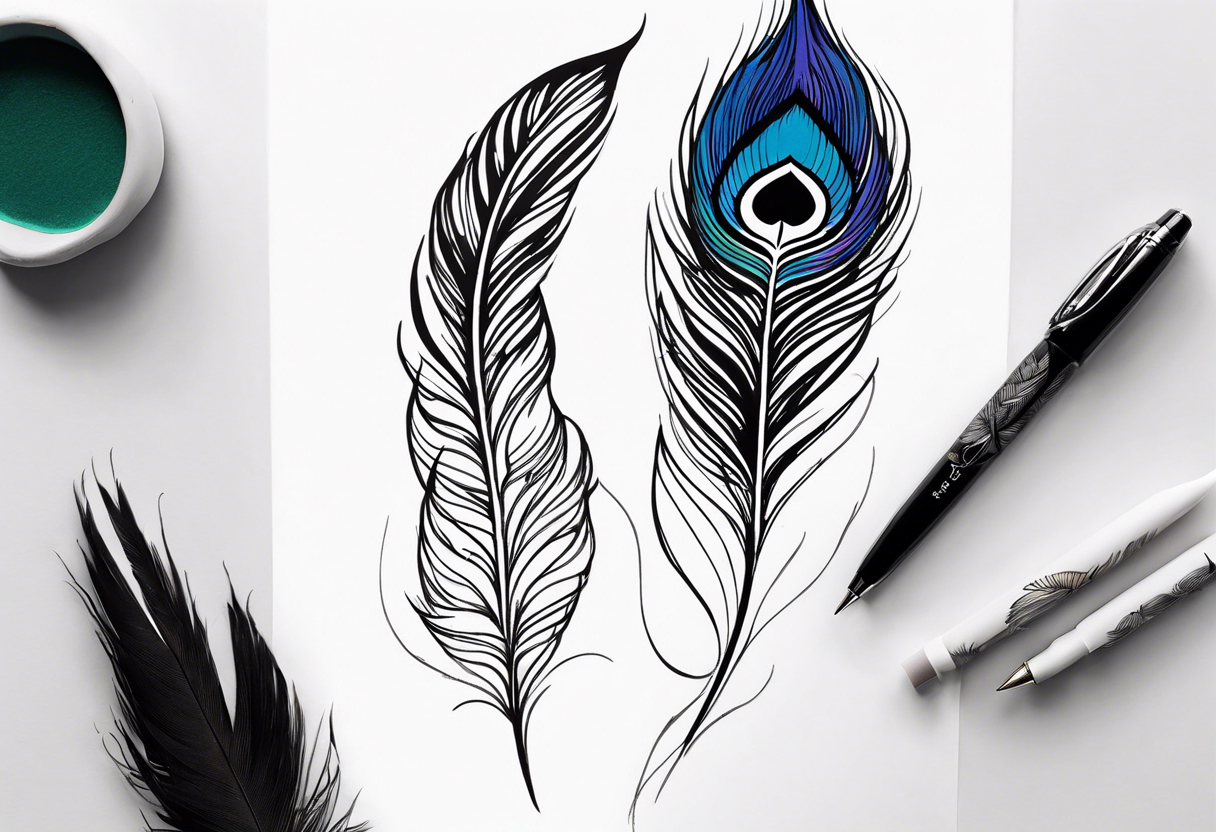 pen intertwined with peacock feather tattoo idea