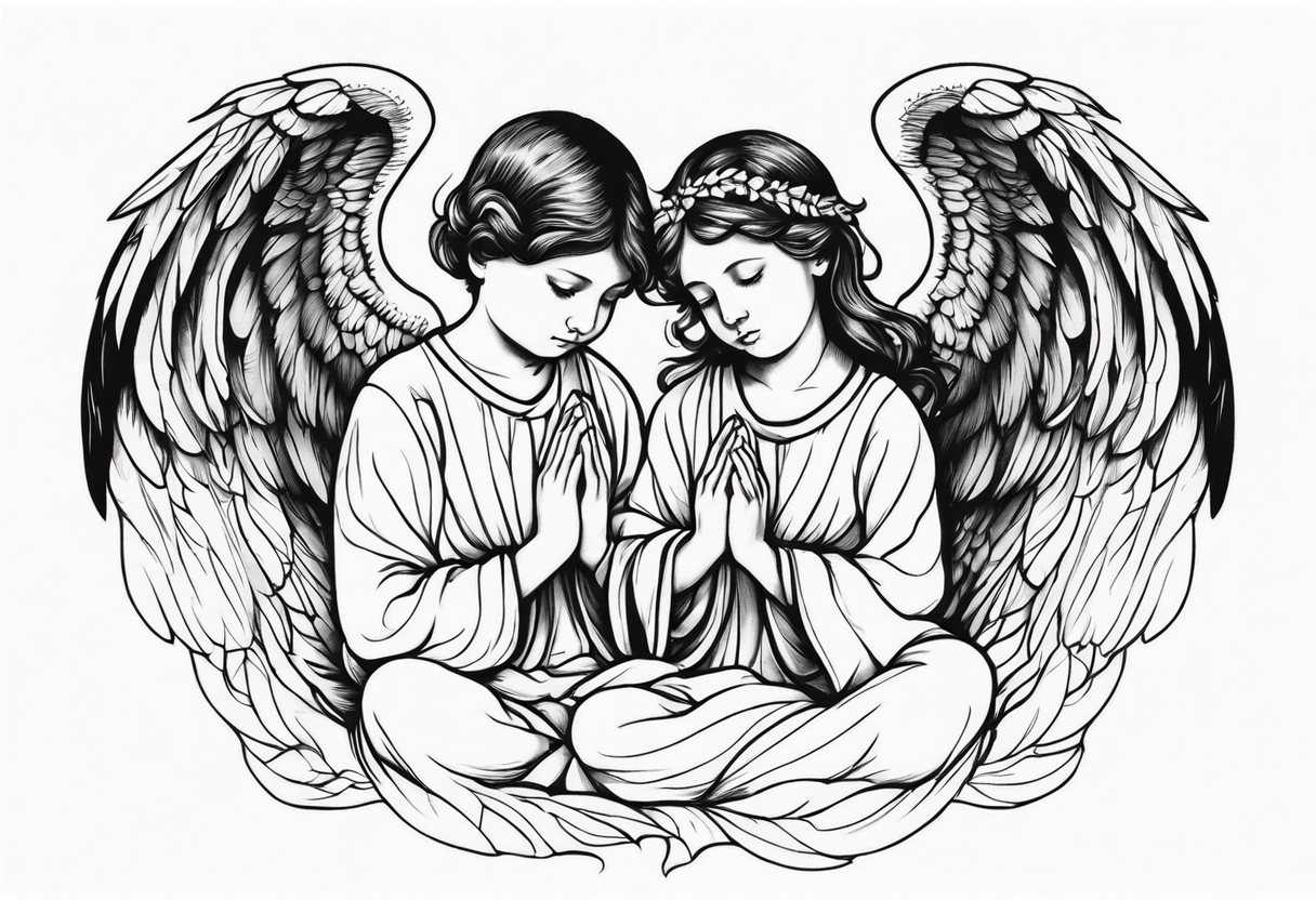 three angels praying together. The two boy angels are on either side of the girl angel, with their wings gently enfolding her in a protective embrace tattoo idea