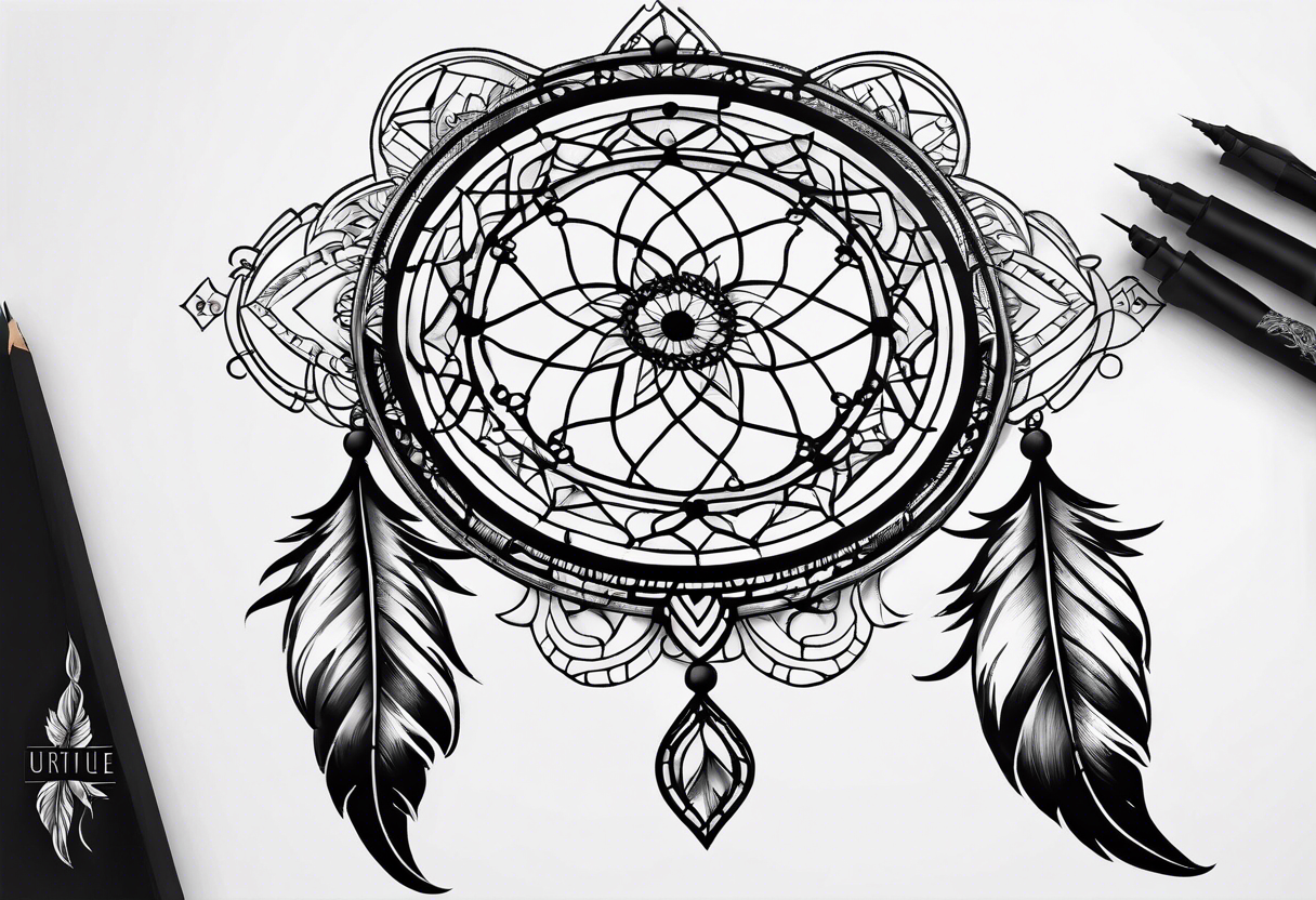 A black and white detailed dream catcher with a lot of shading tattoo idea