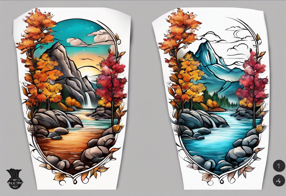 sleeve tattoo in fall colors, showing water flow around rocks, sky, clouds, leaves, roses and no trees tattoo idea