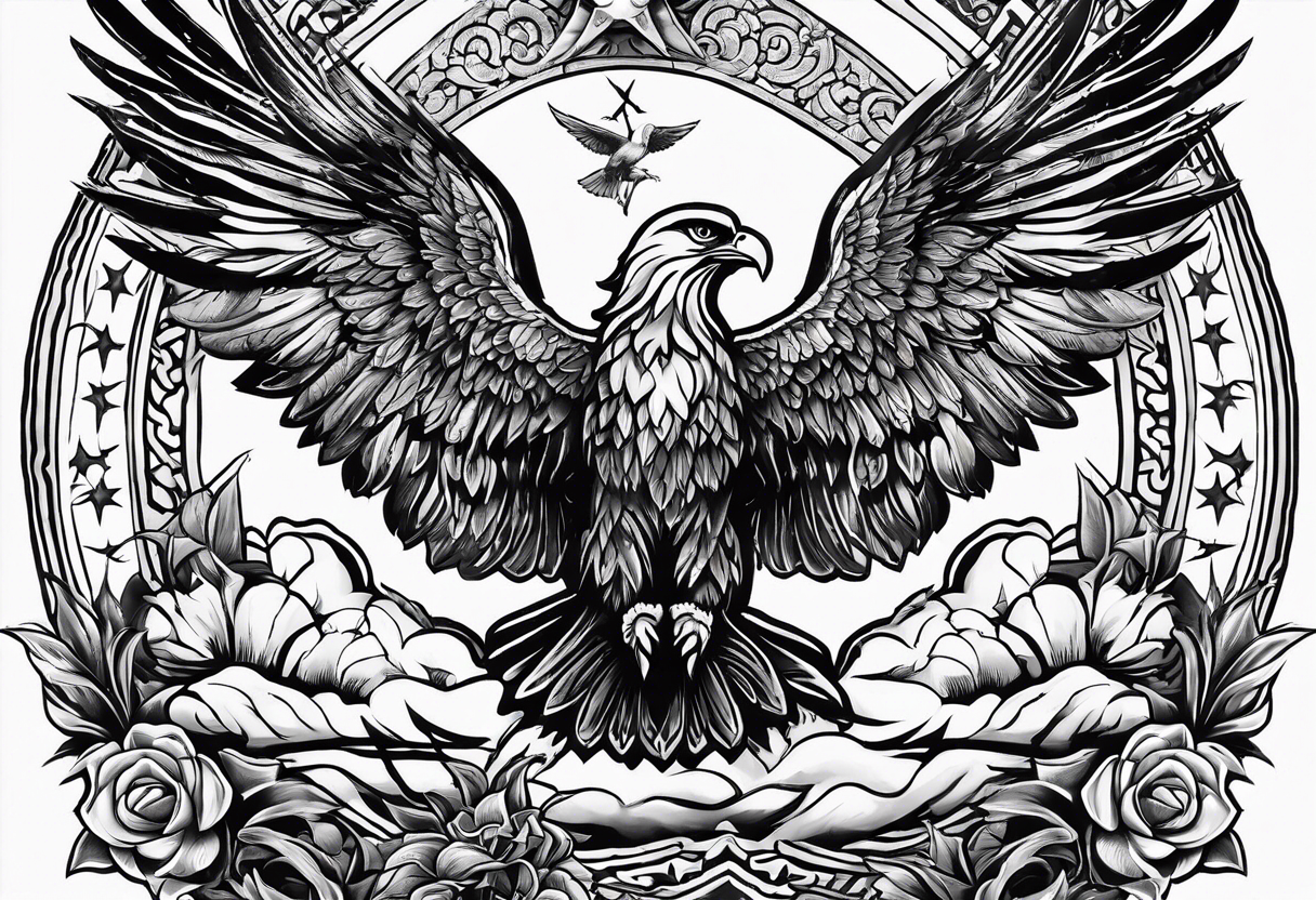 idea of pain for glory in life, discipline and catholic religion. Tattoo on the back with an eagle , 2 doves and fish tattoo idea