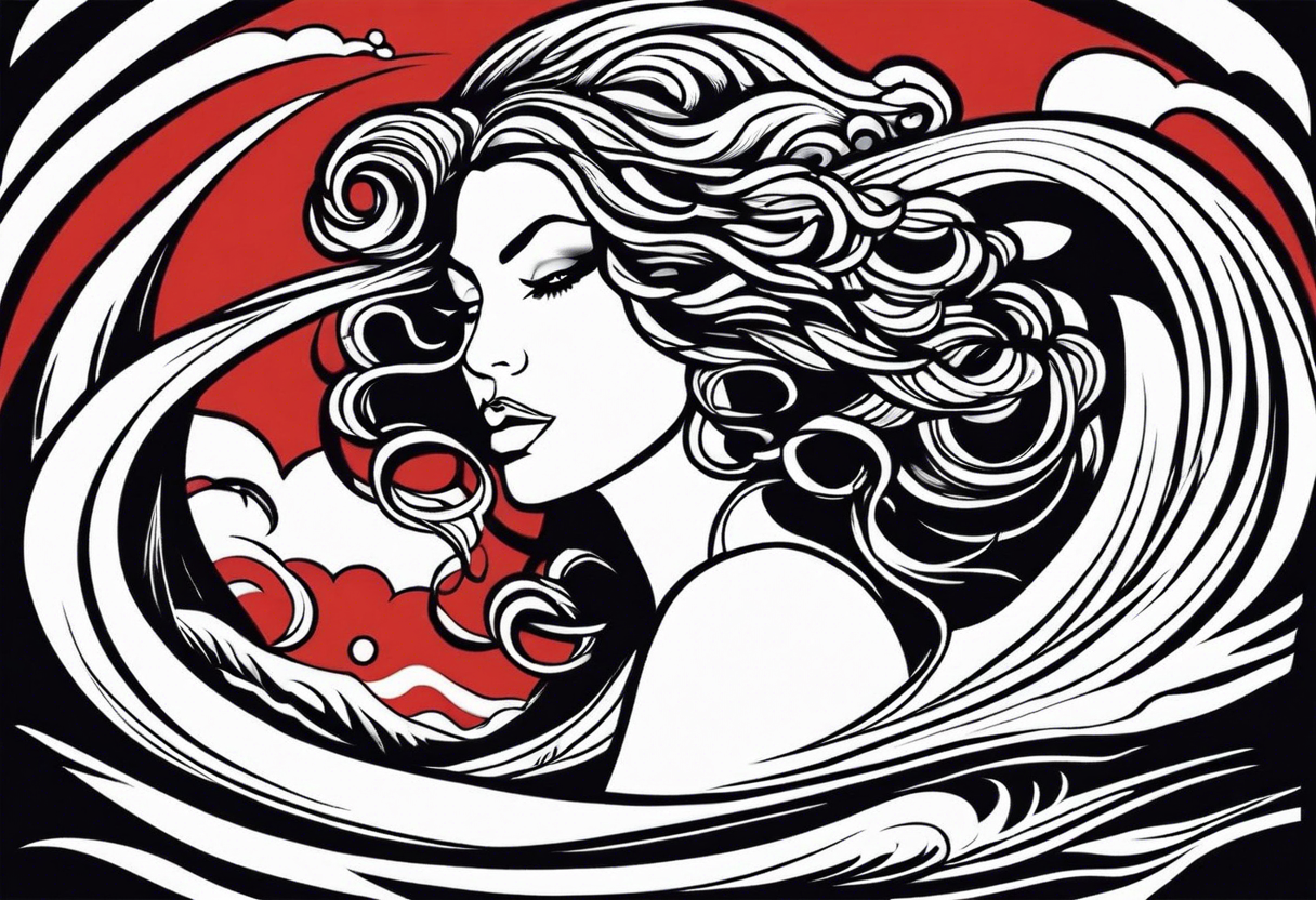 stormy sea waves, a woman in the middle of a storm, Medusa the Gorgon tattoo idea