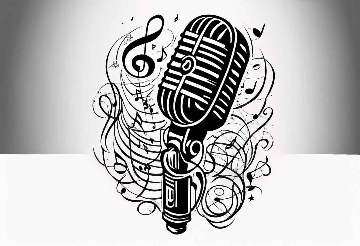 a vintage microphone intertwined with intricate musical notes and symbols tattoo idea