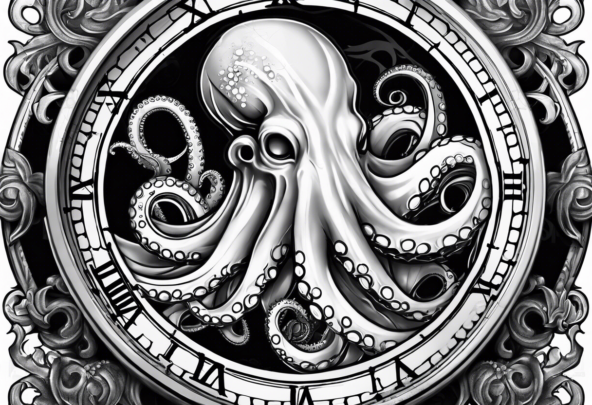 pocket watch wrapped under an aggressive octopus, side perspective tattoo idea