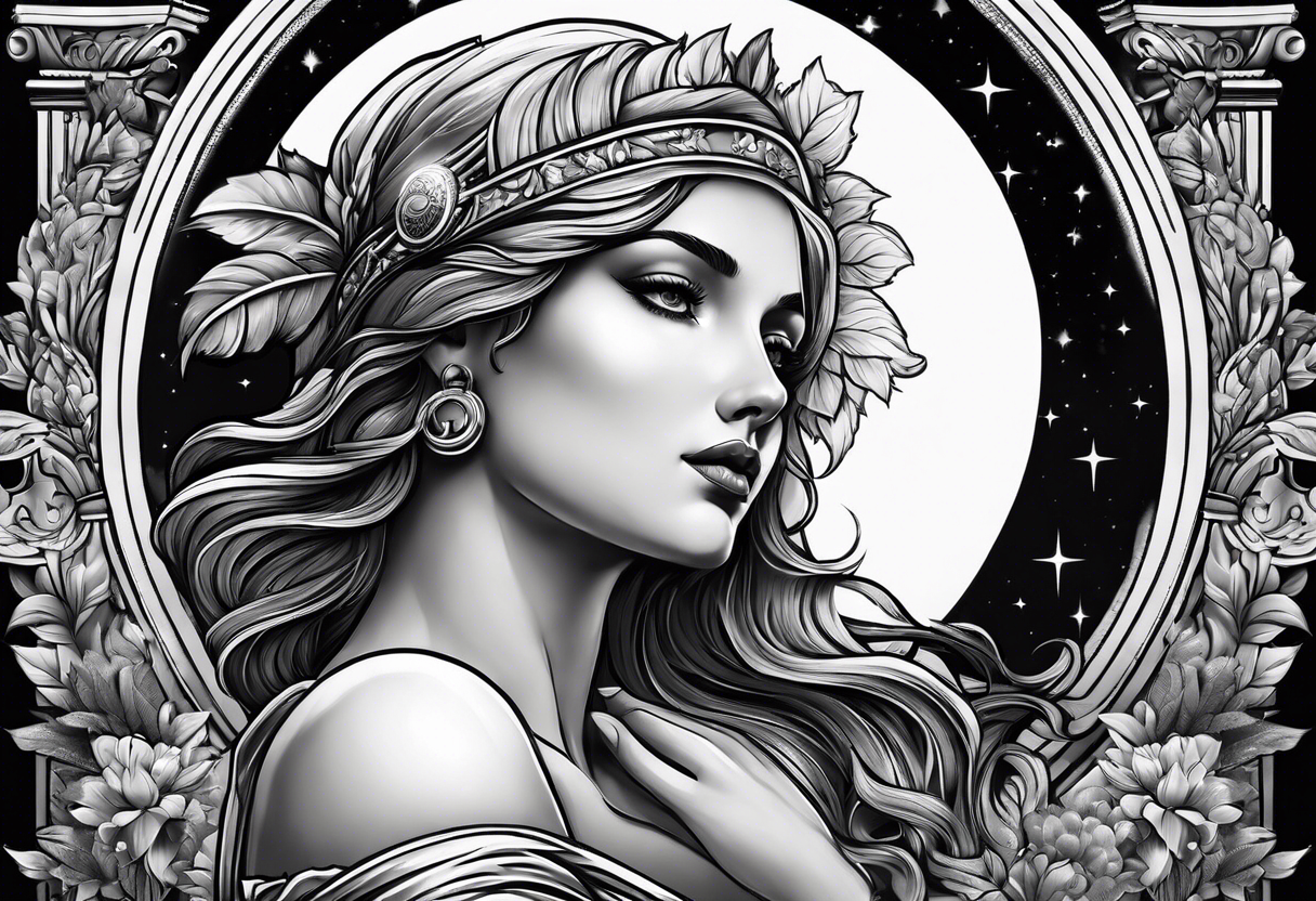 make a beautiful female woman in roman theme. Place the moon in the background tattoo idea