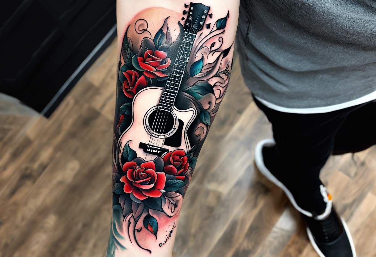 front knee tattoo based on Mike Rubendall with roses, guitar, water, flowers, background wash tattoo idea